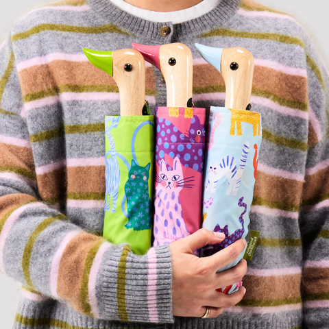 Multipack – Künstlerische Regenschirme mit Entenmotiv und Katzen, Fuchsia/Limette/Eis