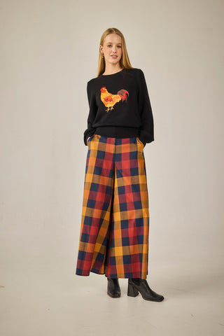 Navy trousers with mustard checks