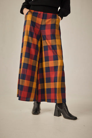 Navy trousers with mustard checks