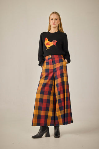 Navy trousers with mustard checks
