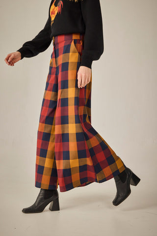 Navy trousers with mustard checks
