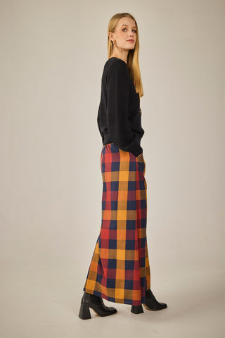 Navy trousers with mustard checks