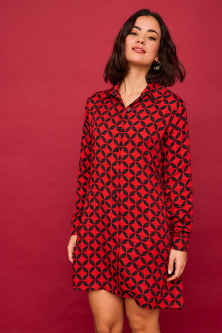 Rotes, kurzes Kleid mit geometrischem Beerenmuster